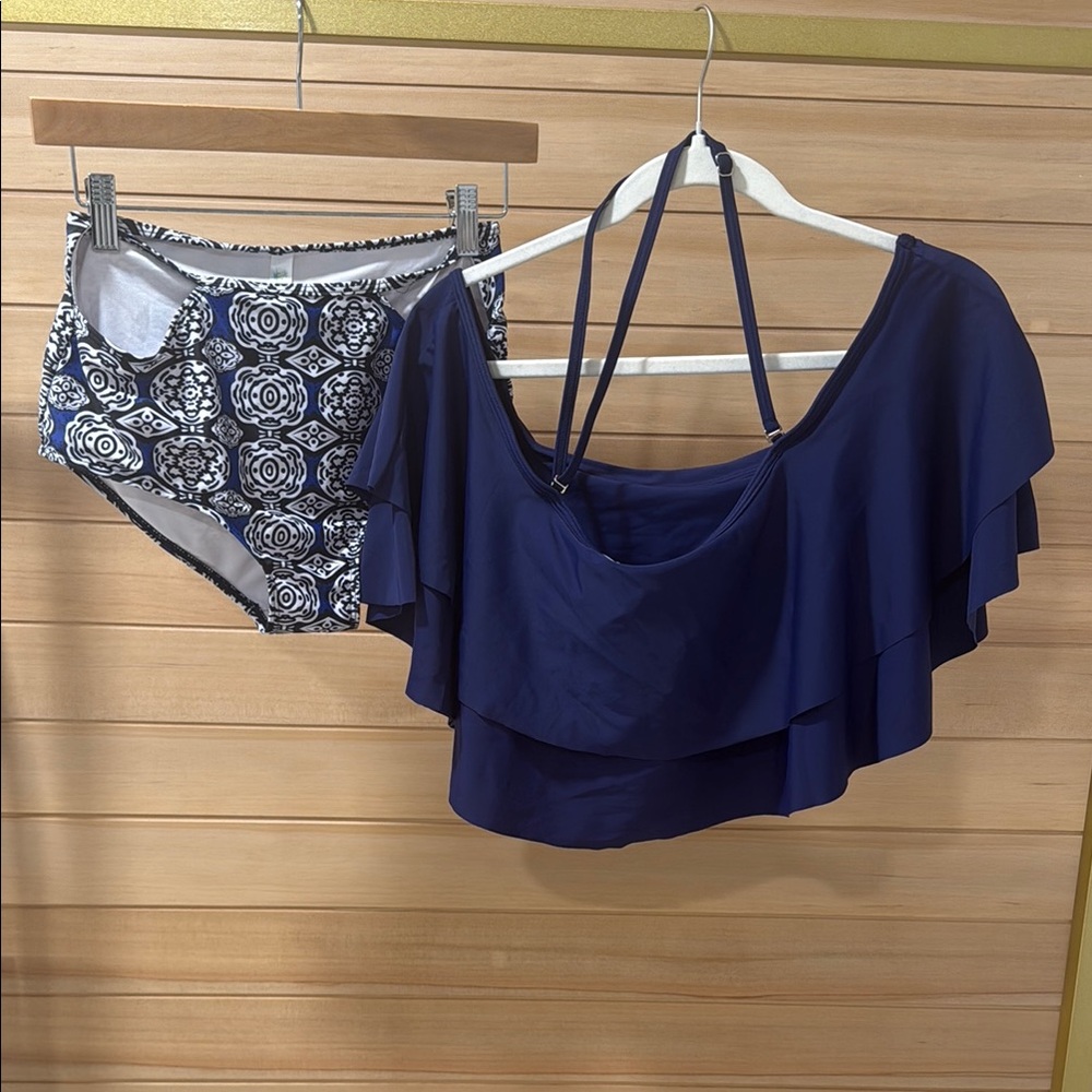 Navy Blue Ruffled Bikini Top and Blue and White Patterned cutout Bottoms